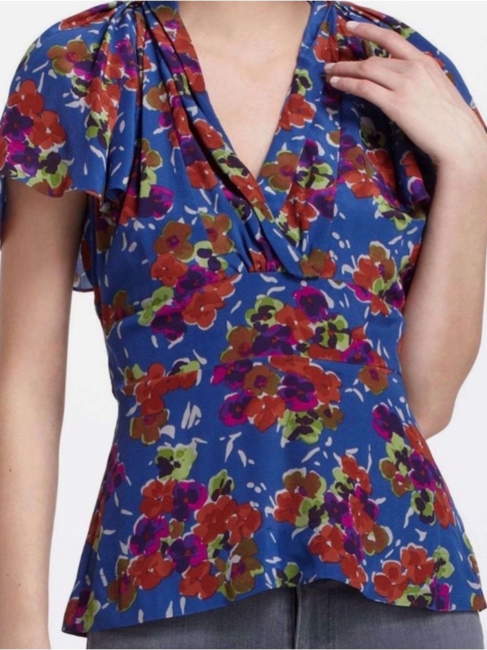 Girls From Savoy Anthropologie 100% Silk Floral Tie Waist Blouse Blue Size 10